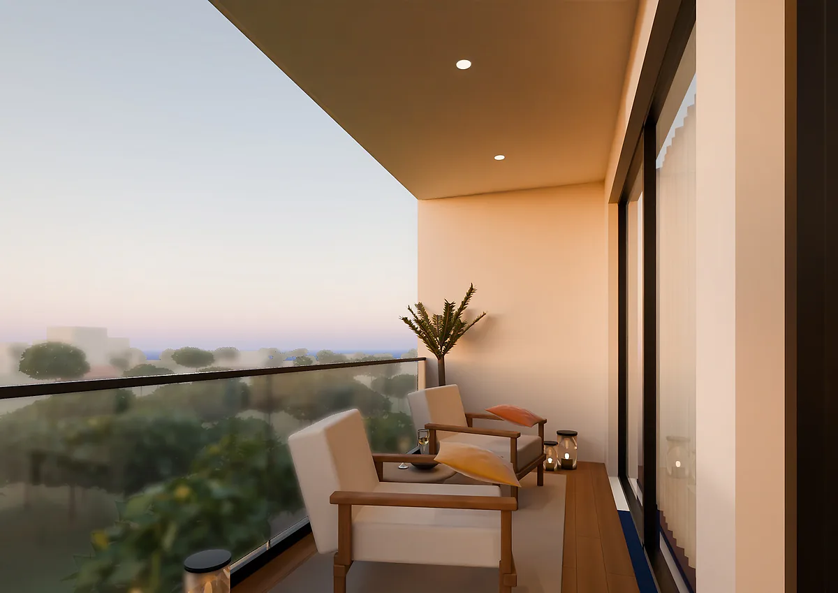 Balcon d'un appartement de la Résidence Mansa au coucher du soleil