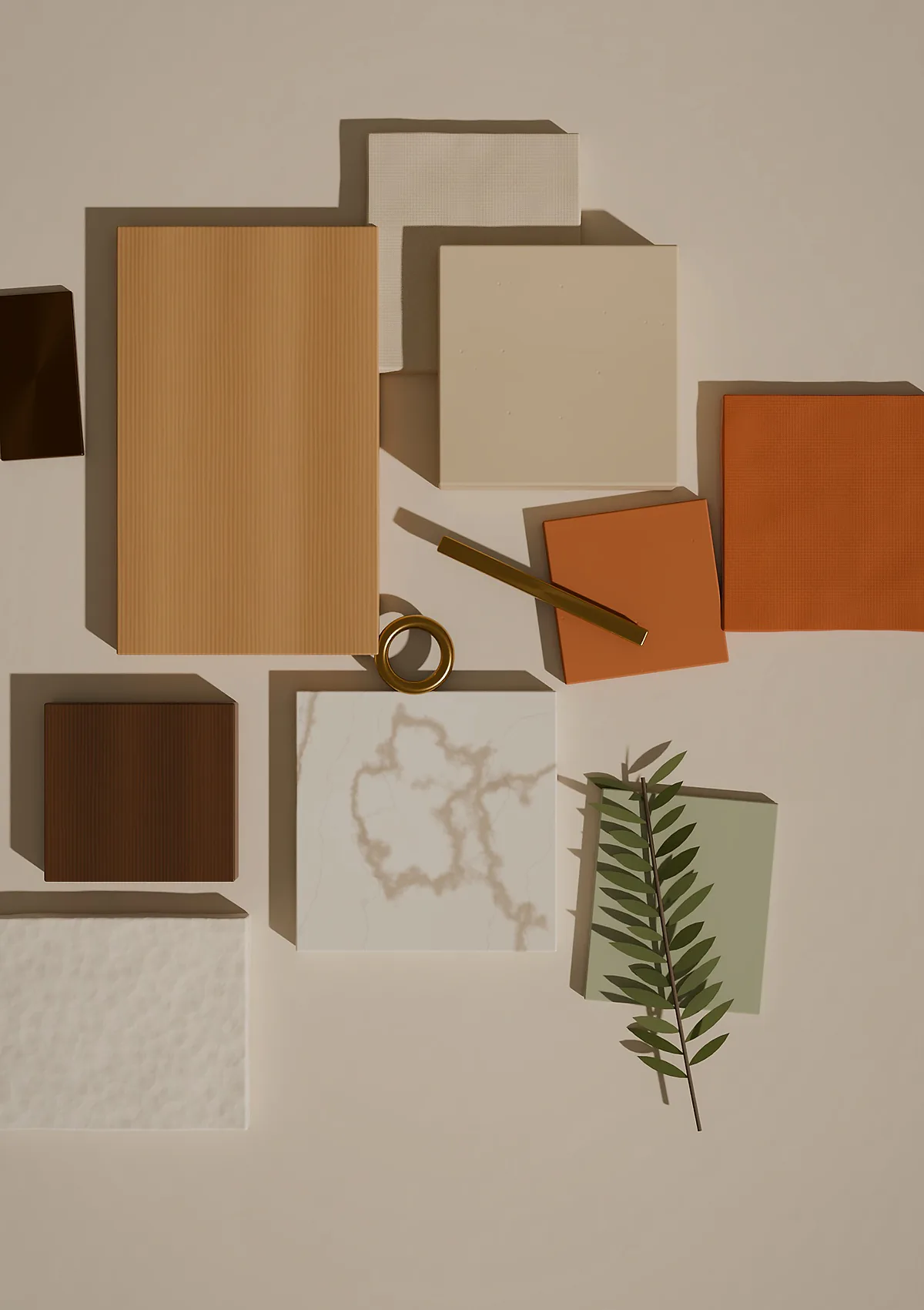 Palette de matières de la Résidence Mansa : chêne, noyer, travertin, marbre, laiton, lin