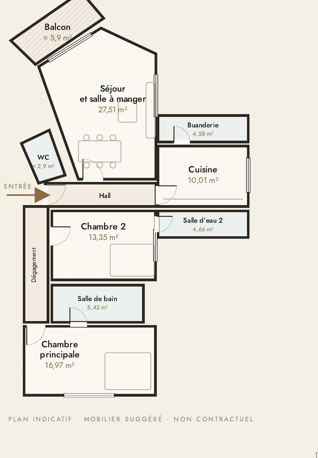 Plan indicatif de l'appartement Ébène (type C, trois-pièces)