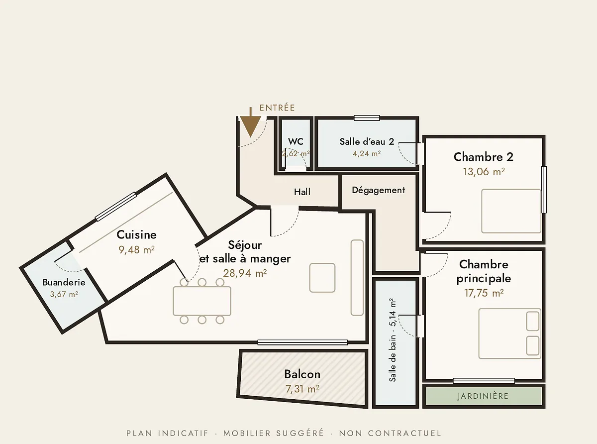 Plan indicatif de l'appartement Ivoire (type A, trois-pièces)