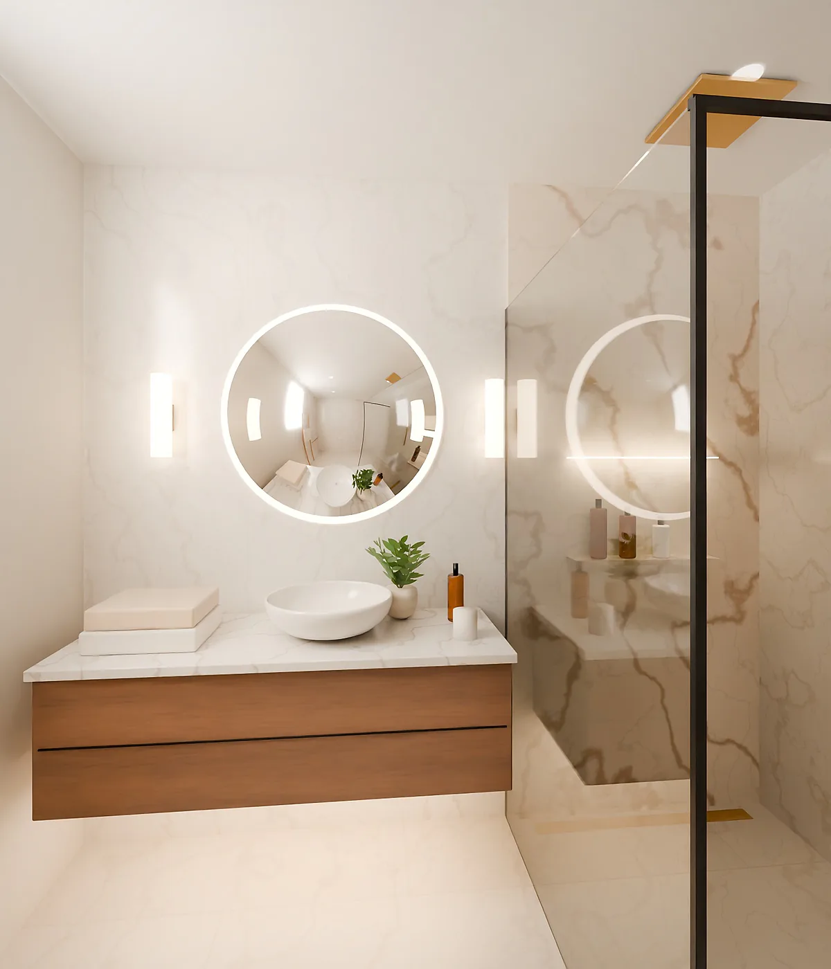 Salle d'eau avec douche à l'italienne vitrée et miroir rétroéclairé